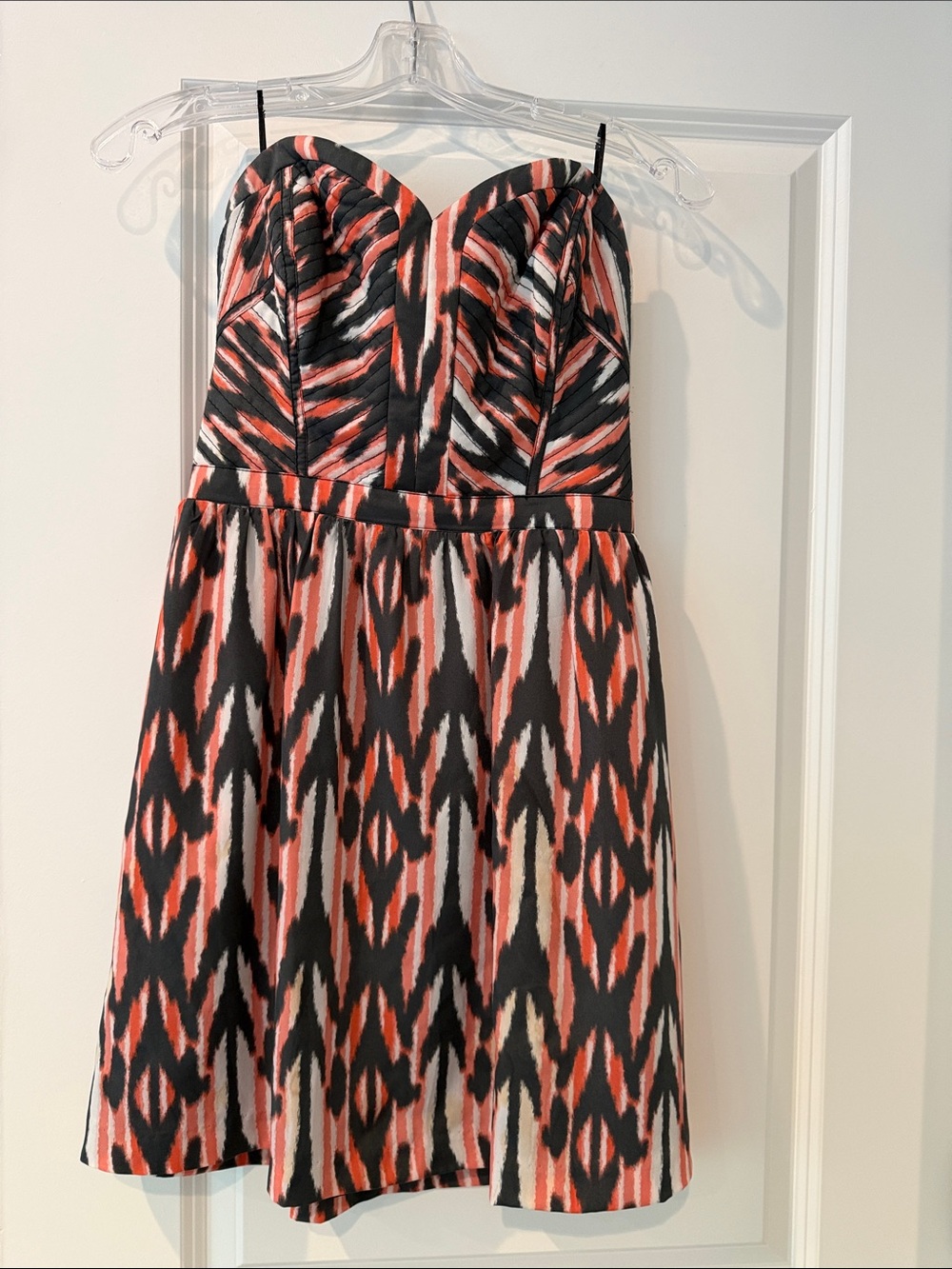 Guess Strapless Ikat Print Fit-and-Flare Dress in Coral, Black & Cream